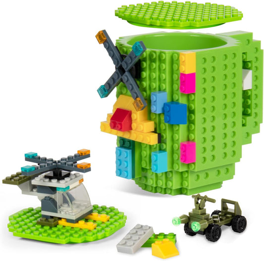 Build-On Brick Coffee Mug with Lid,Fubarbar Funny DIY Novelty Kid Cup with Building Blocks for Men Women Xmas Birthday(Green)
