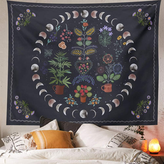 Botanical Moon Phase Tapestry - Floral Plants Boho Tapestry Wall Hanging Bohemian Mandala Wall Tapestry for Bedroom Aesthetic Home Dorm