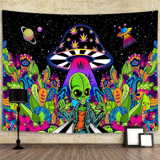 Alien Cool Tapestries, Magical Trippy Psychedelic Mushroom UFO Wall Hanging Tapestry Home Decor for Bedroom Living Room Dorm Apartment 60X40Inches