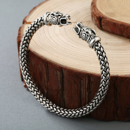 Asgard Crafted Small Handcrafted Stainless Steel Grey Wolf Head Torc Bracelet